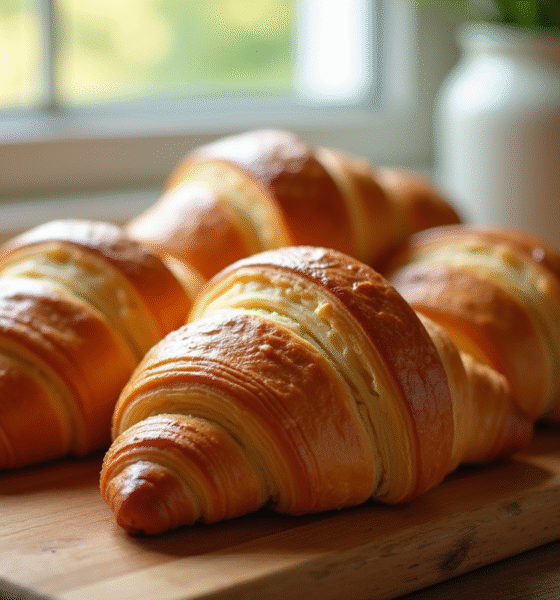 Croissants au beurre dorés sur planche en bois naturel