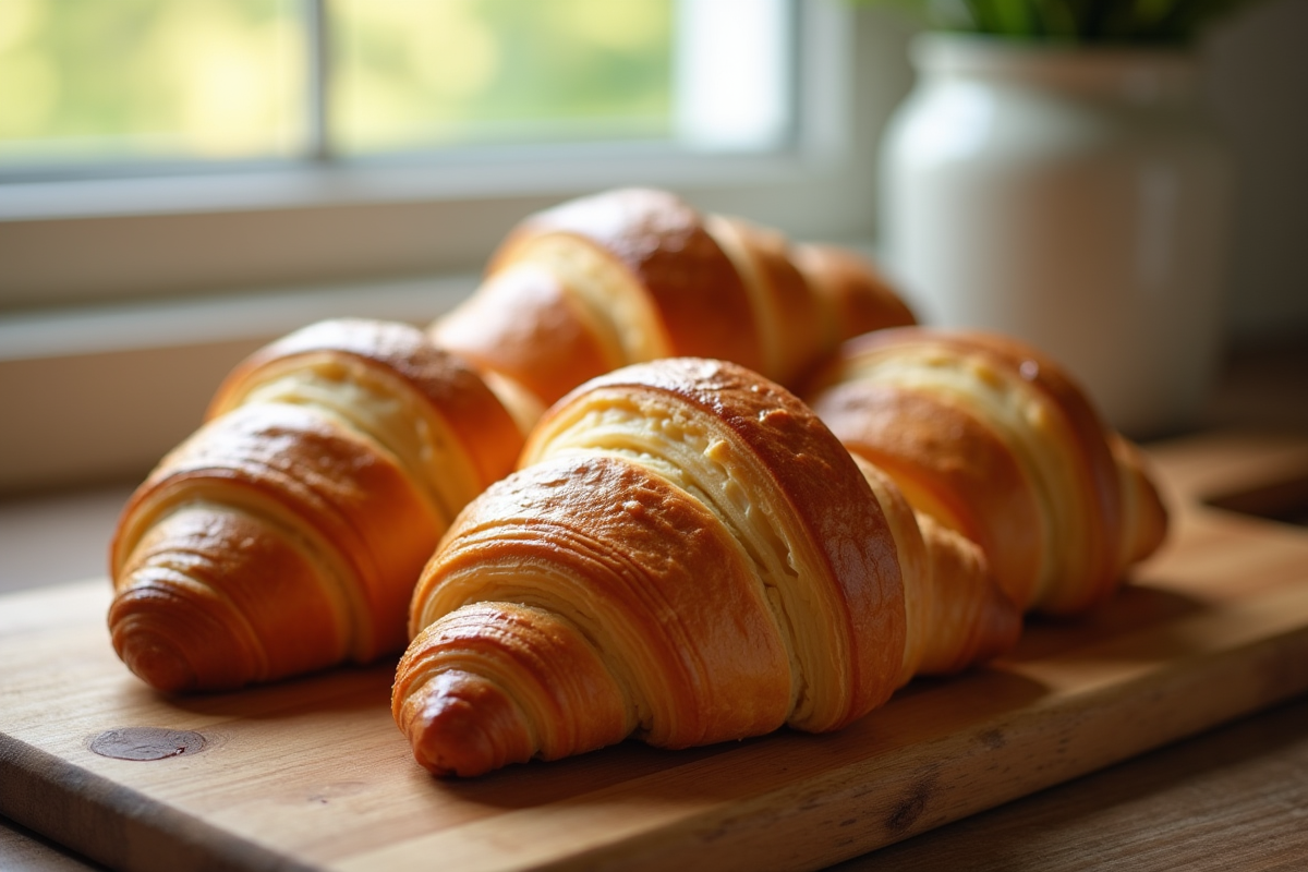 Croissants au beurre dorés sur planche en bois naturel