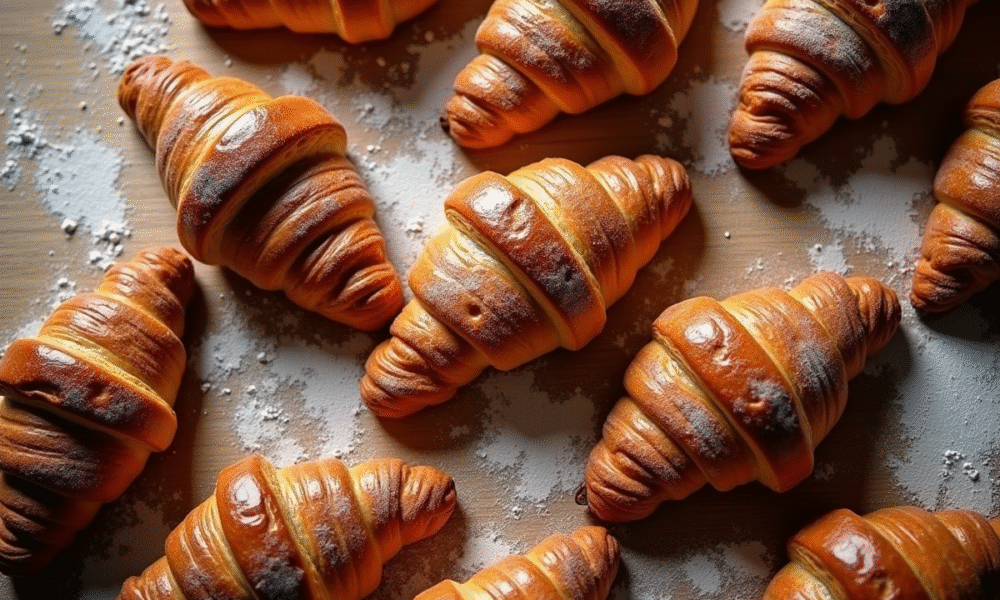 Croissants et pains au chocolat frais sur une table farinée
