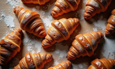 Croissants et pains au chocolat frais sur une table farinée