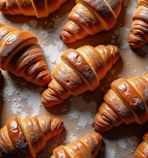 Croissants et pains au chocolat frais sur une table farinée