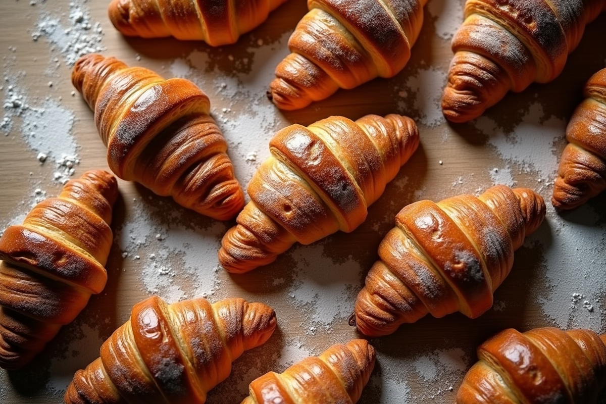 Croissants et pains au chocolat frais sur une table farinée