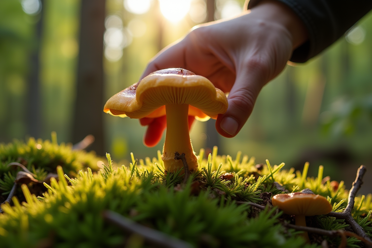 Personne cueillant des chanterelles dans la forêt verte