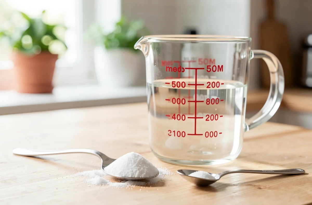 Cuillère à soupe et cuillère à café de sucre près d'un verre doseur