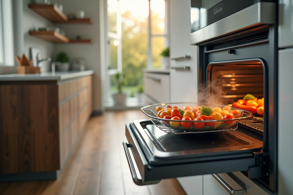 Cuisine moderne avec four vapeur ouvert légumes vapeur