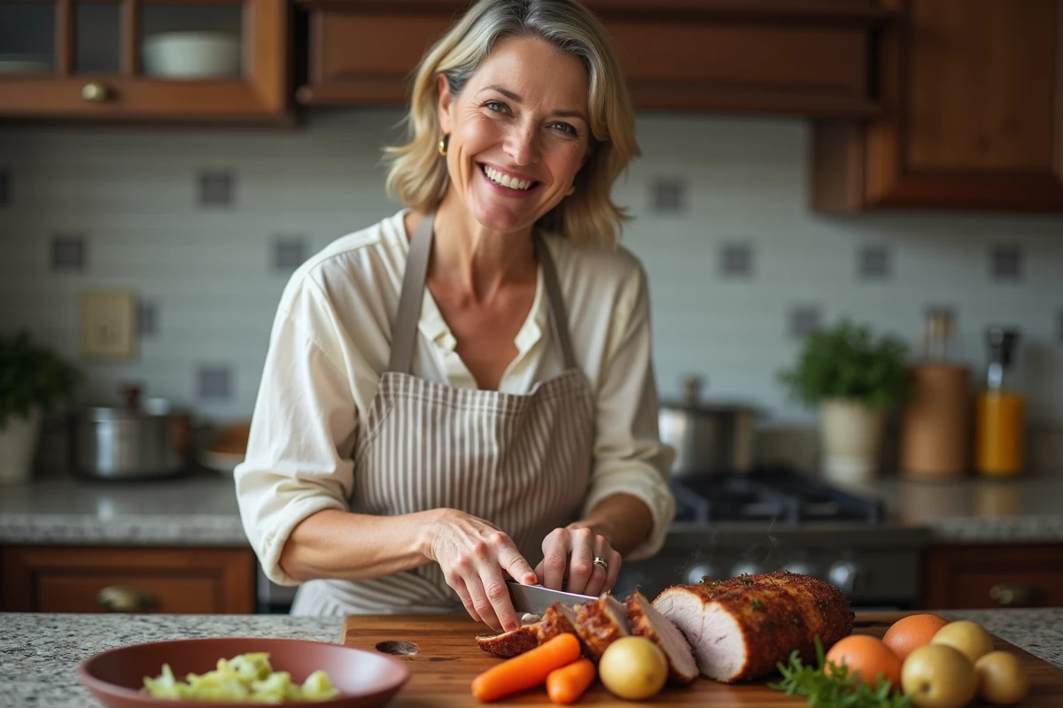 Femme souriante coupant un rôti de porc dans la cuisine chaleureuse