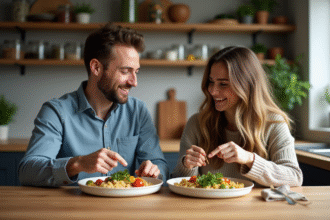 Deux adultes souriants comparant des plats végétaliens