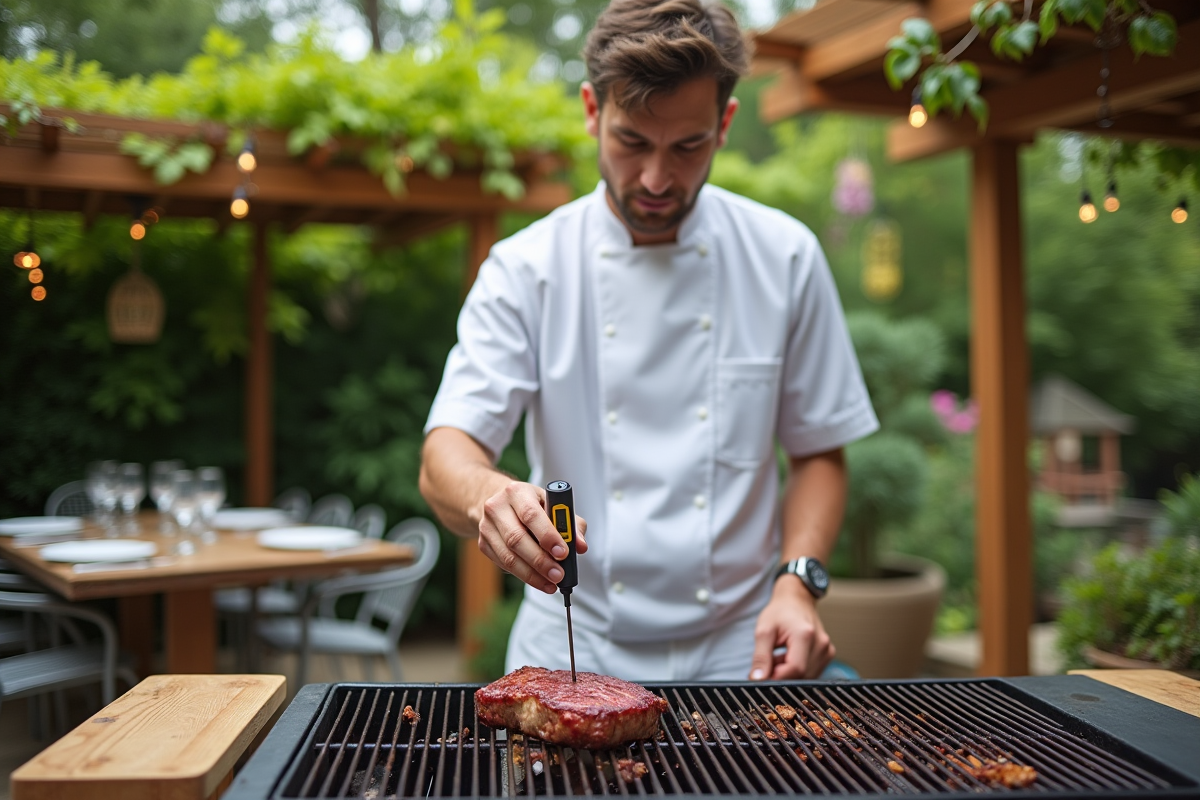 Jeune homme insérant un thermometre dans un steak sur le barbecue