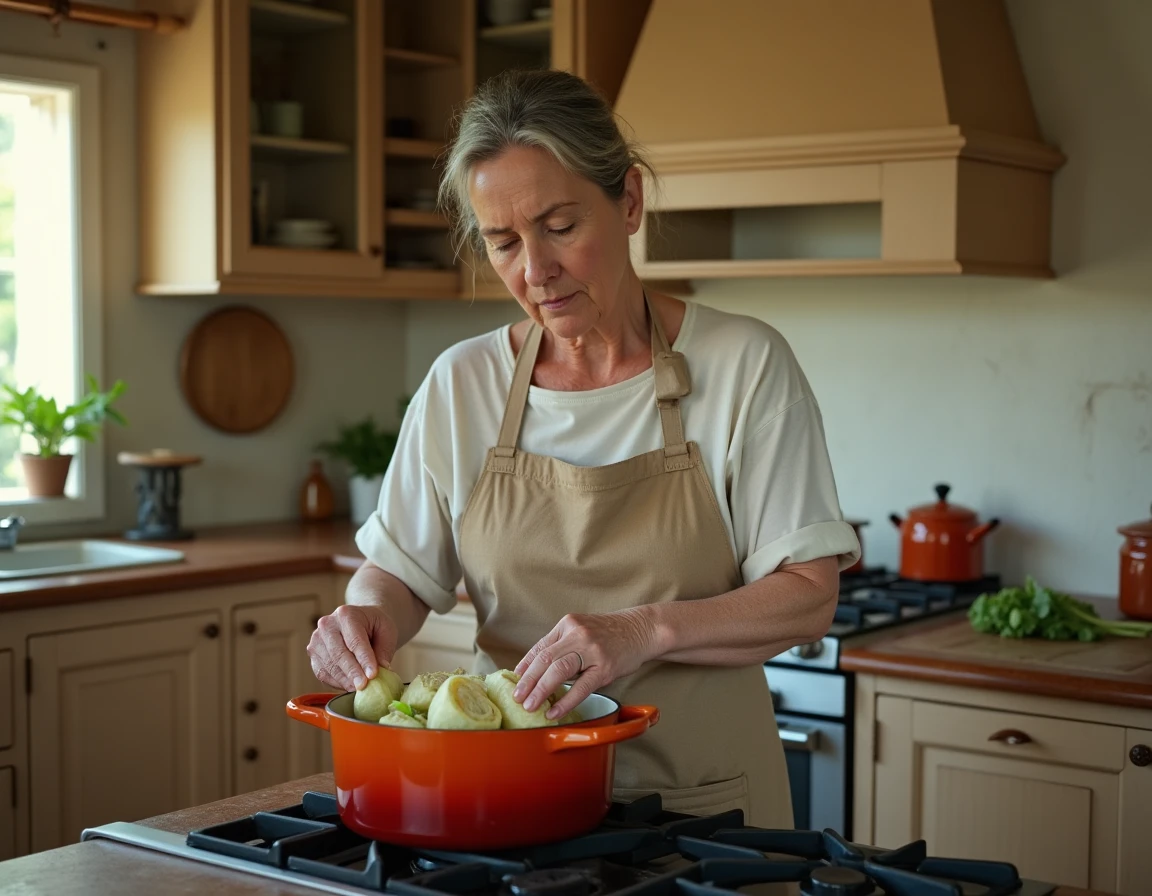 Femme cuisinière préparant un chou farci aubrac dans une cuisine rustique française avec cocotte émaillée sur gazinière