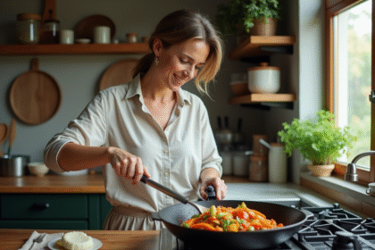 Femme en cuisine préparant un sauté de légumes colorés