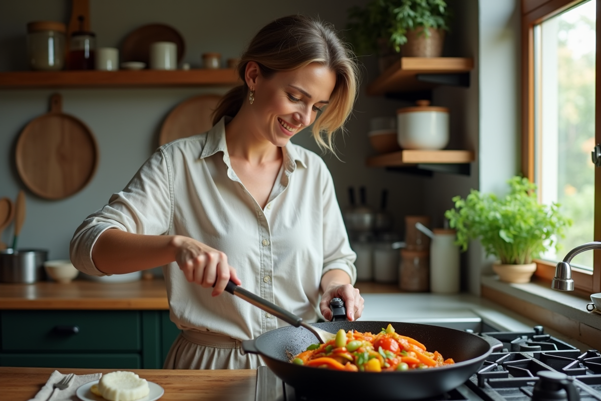 Femme en cuisine préparant un sauté de légumes colorés