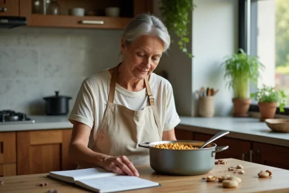 Femme moyenne age en tablier beige cuisine rustique