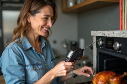 Femme utilisant un thermometre pour un poulet rôti dans la cuisine