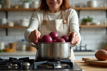 Femme en tablier de lin déposant des betteraves rouges entières dans une casserole d'eau sur une cuisinière à gaz moderne