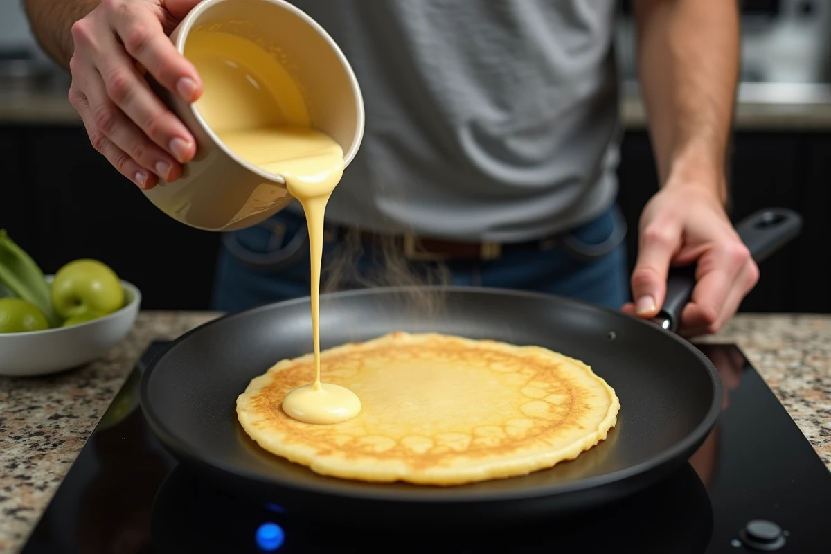 Homme versant la pâte à crêpes dans une poêle chaude sur une cuisinière à gaz moderne pour réussir ses crêpes