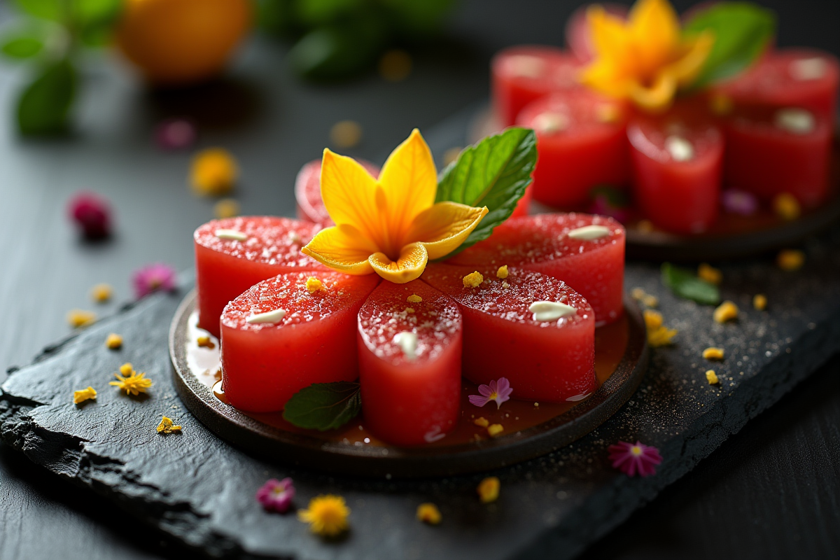 Dessert gourmet avec tranches de starfruit et fleurs comestibles