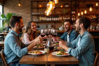 Groupe d'amis qui rient et trinquent autour d'une table dans un restaurant convivial à Toulouse avec décor en briques apparentes