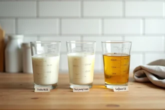 Trois verres doseurs en verre contenant 40cl de lait, crème et huile posés sur un plan de travail en bois dans une cuisine