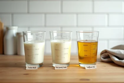Trois verres doseurs en verre contenant 40cl de lait, crème et huile posés sur un plan de travail en bois dans une cuisine