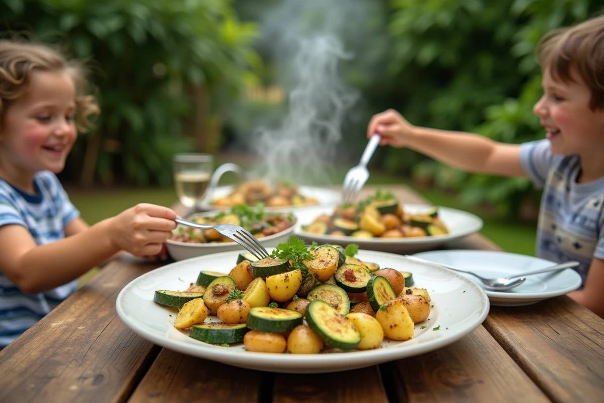 Enfants dans le jardin partageant un plat de zucchini et pommes de terre