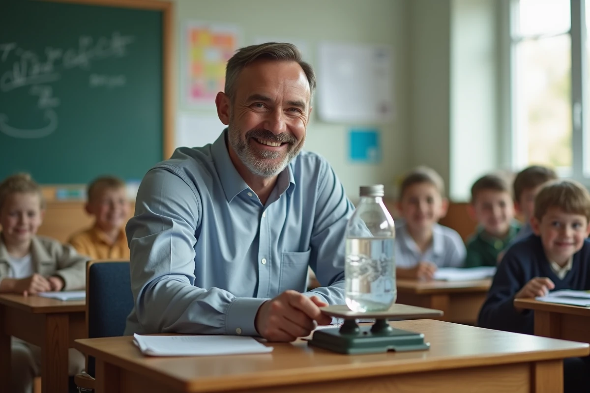 Enseignant montre une balance à des enfants en classe