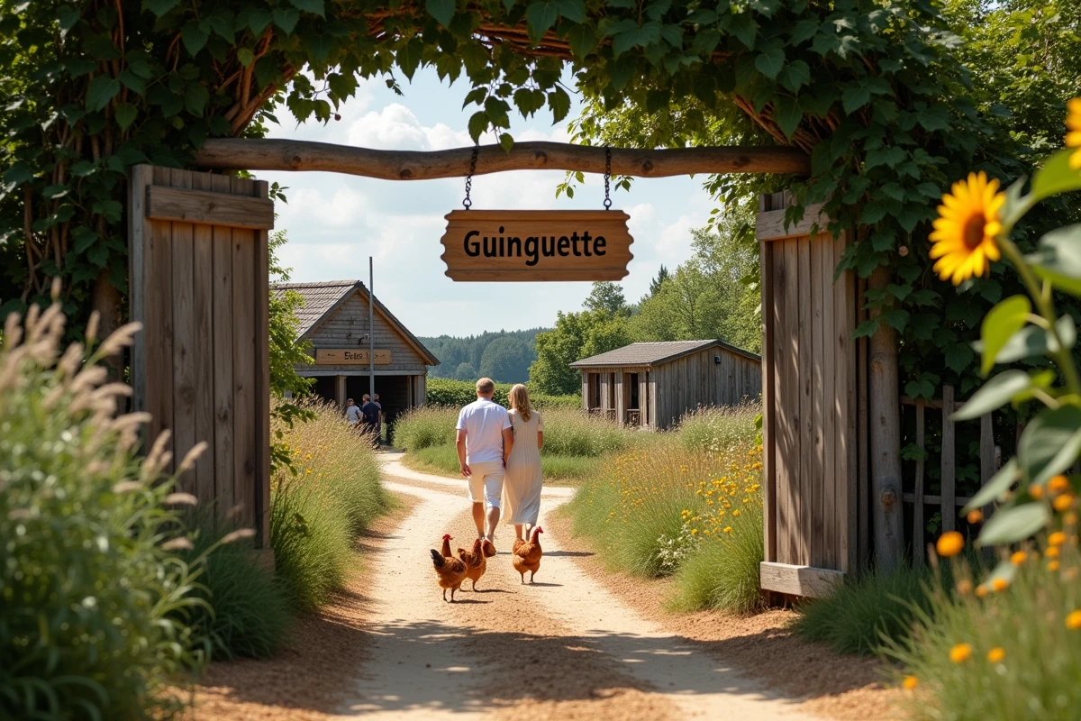 Entrée de la Guinguette de la Ferme aux portes de Lille avec panneau en bois, tournesols et couple se promenant dans un cadre champêtre authentique
