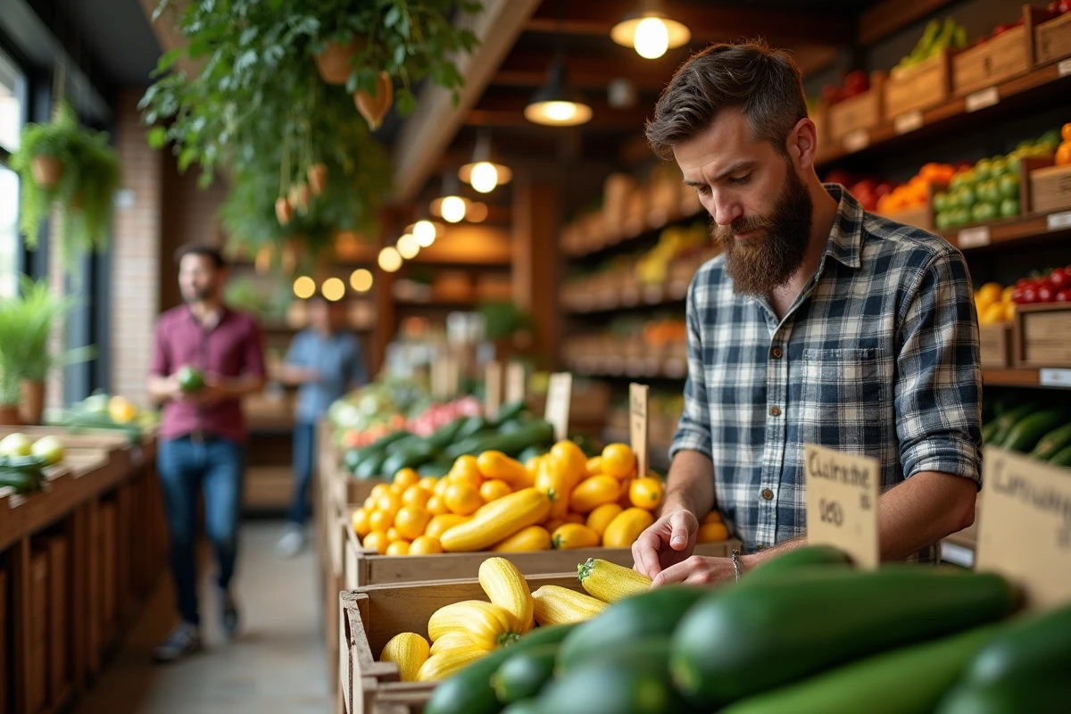 Intérieur d'une épicerie indépendante proposant des fruits et légumes en Z, avec un client inspectant les produits frais dans des caisses en bois