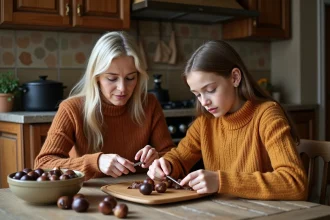 Mère et adolescente épluchant des châtaignes ensemble à une table de cuisine rustique en automne