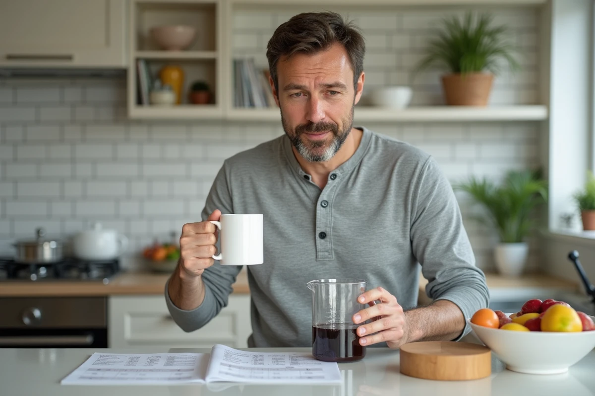 Homme comparant un mug et un verre mesureur pour estimer 25 cl sans balance dans une cuisine moderne avec carrelage métro
