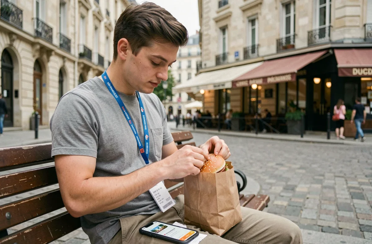 Étudiant consultant une application de réduction sur son téléphone en mangeant un Big Mac en plein air à Paris