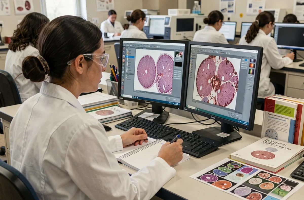 Étudiante en sciences biomédicales comparant des images histologiques d'autolyse et de nécrose tissulaire sur double écran dans un laboratoire d'enseignement en anatomopathologie