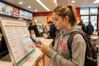 Étudiante comparant les prix du menu Big Mac dans un McDonald's français avec son smartphone