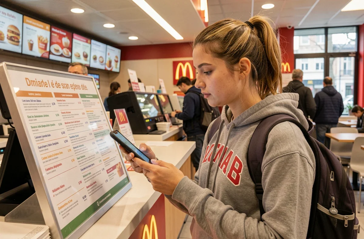 Étudiante comparant les prix du menu Big Mac dans un McDonald's français avec son smartphone