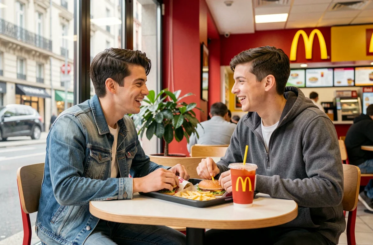 Deux étudiants partageant un repas Big Mac dans un McDonald's en France pour économiser