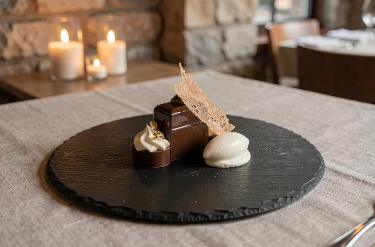 Dessert gastronomique raffiné du restaurant L'Évidence à Montbazon, dressage sur ardoise noire avec feuille d'or