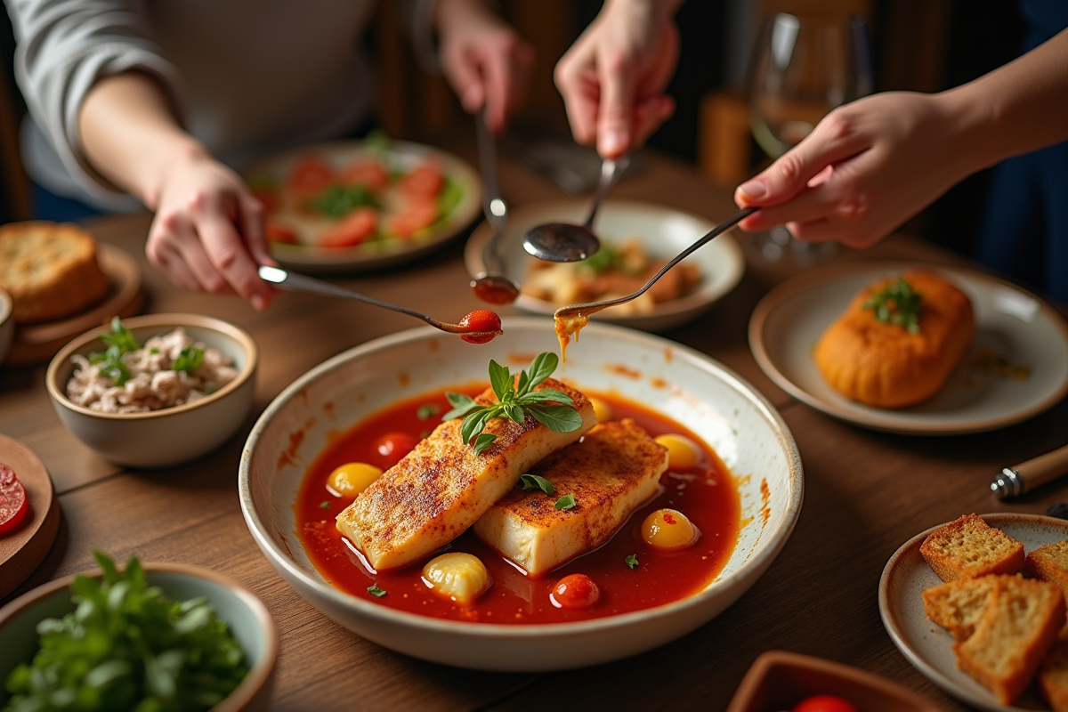 Famille partageant un plat de poisson et chorizo