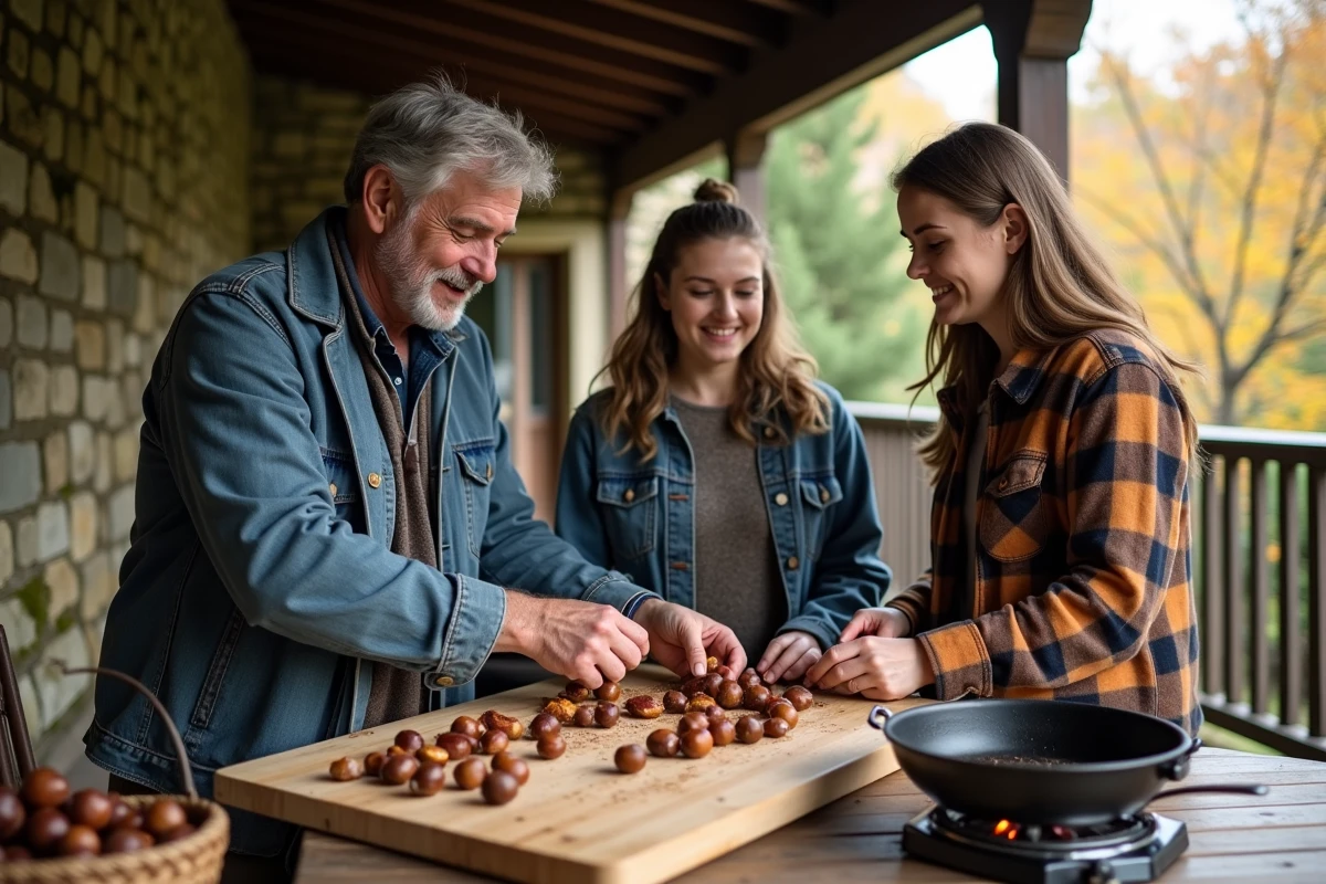 Famille épluchant des châtaignes sur une terrasse en pierre à l'extérieur en automne