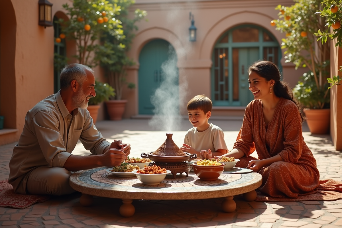 Famille marocaine autour d un tajine en plein air