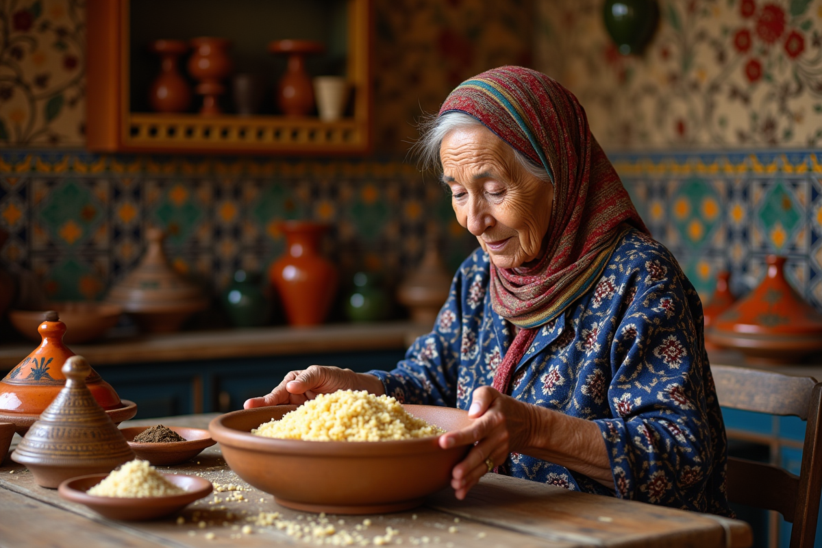 Femme âgée marocain façonnant le couscous dans un bol en bois