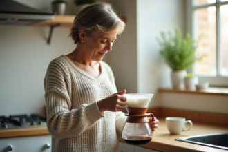 Femme versant du cafe dans une cuisine lumineuse