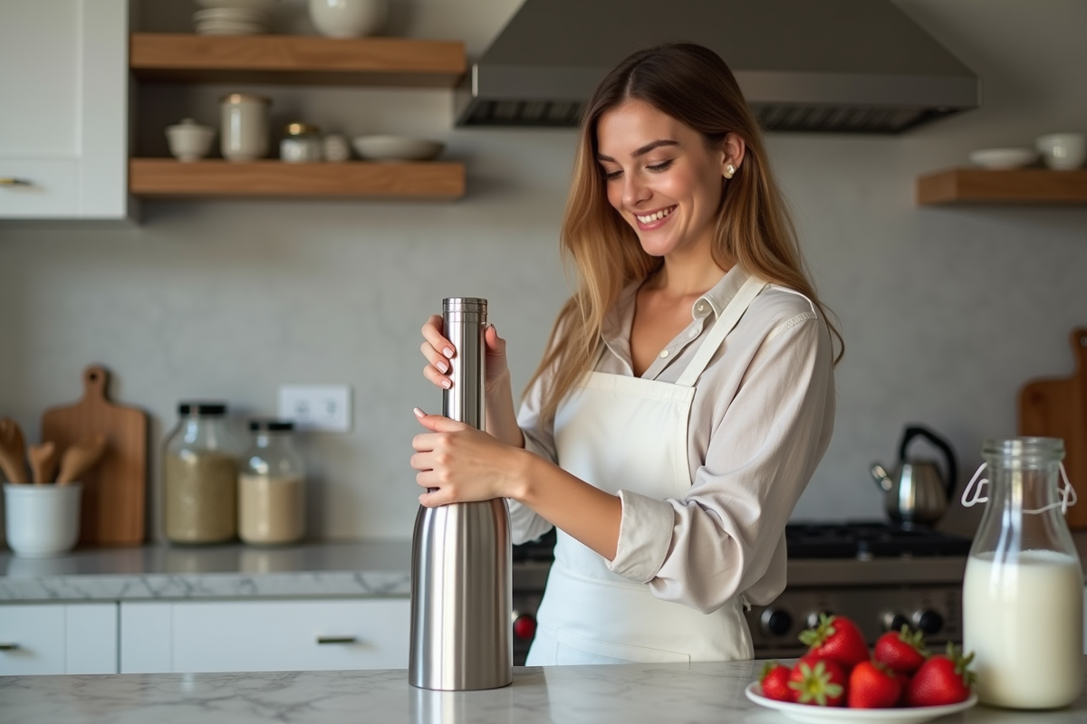 Jeune femme préparant de la chantilly dans une cuisine chaleureuse