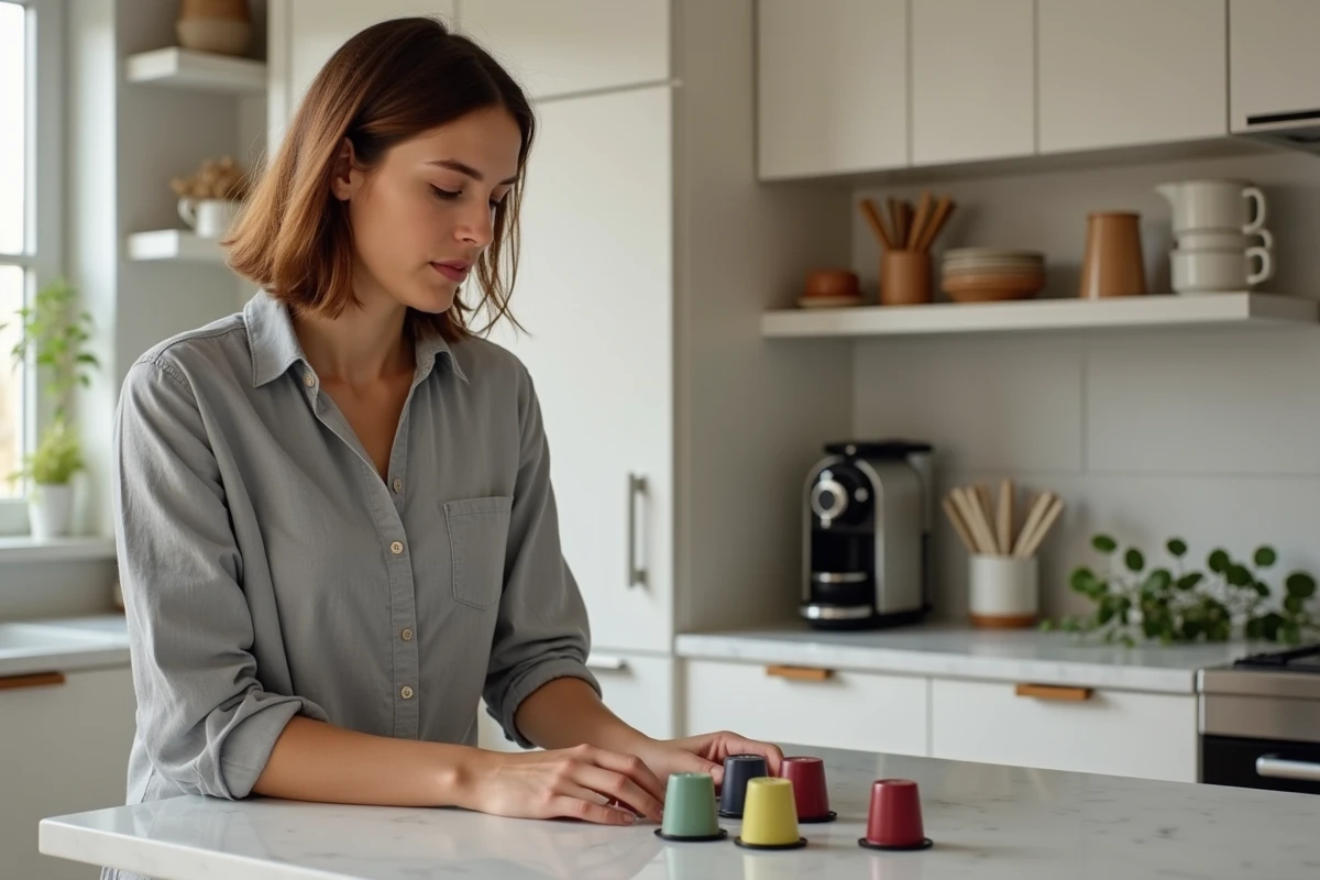 Femme comparant des capsules compatibles Nespresso sur un comptoir de cuisine moderne pour réduire son budget café