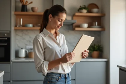 Femme examine deux portes de cuisine modernes et sur mesure