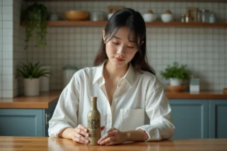Jeune femme coréenne examine une bouteille de soju Tsubaki dans la cuisine