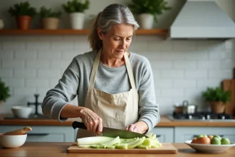 Femme coupant des poireaux frais en rondelles sur une planche en bois dans une cuisine rustique