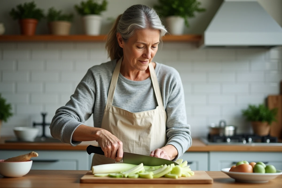 Femme coupant des poireaux frais en rondelles sur une planche en bois dans une cuisine rustique