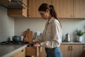 Femme examinant un tiroir de cuisine moderne et rénovée