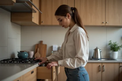 Femme examinant un tiroir de cuisine moderne et rénovée