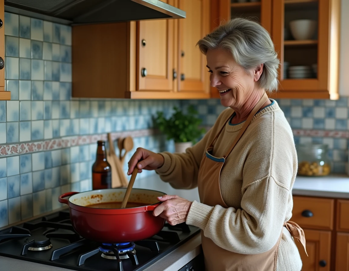 Femme en tablier floral remuant une carbonnade flamande dans une cocotte sur une cuisinière à gaz dans une cuisine familiale du Nord de la France