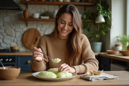 Femme préparant des choux farcis dans une cuisine lumineuse